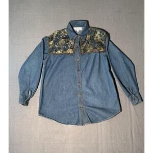 Womens Denim Long Sleeve Shirt Medium C&K Classics Gold Floral Lace Western